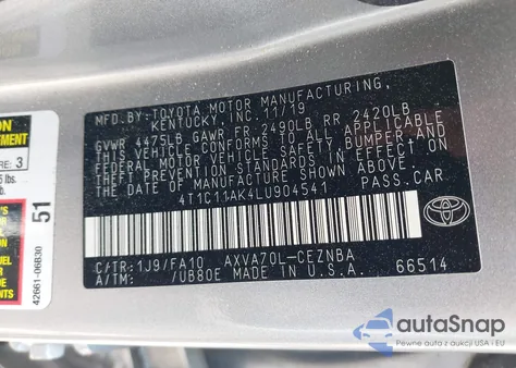 2020 Toyota Camry Le from USA, damaged, VIN 4T1C11AK4LU904541